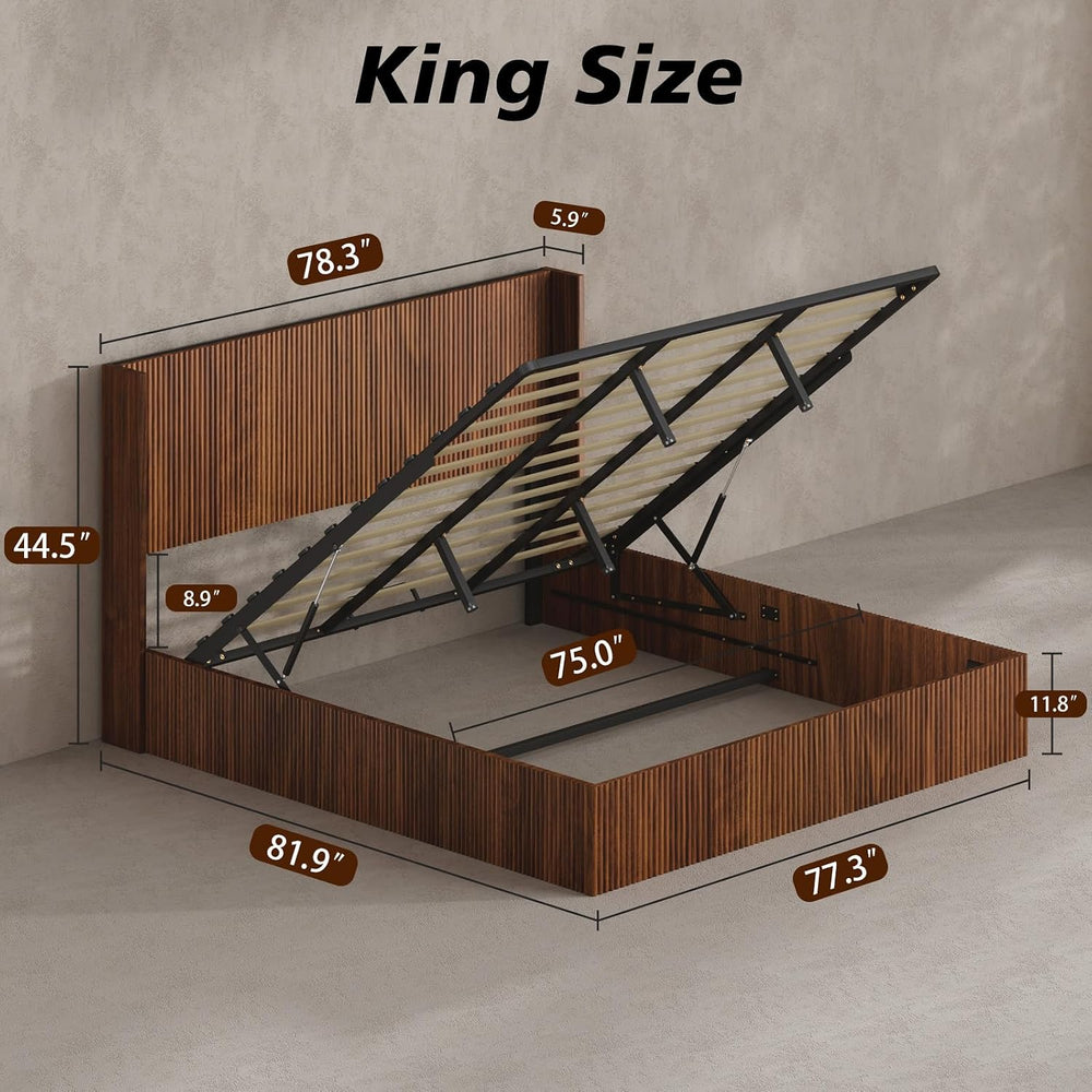 VMU Fluted Queen Size Platform Bed Frame with Lift up Storage