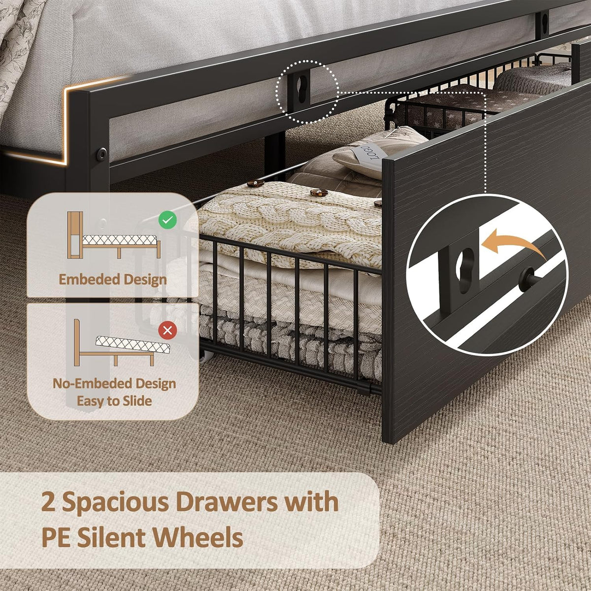 queen bed frame with storage headboard, platform bed, close-up detail