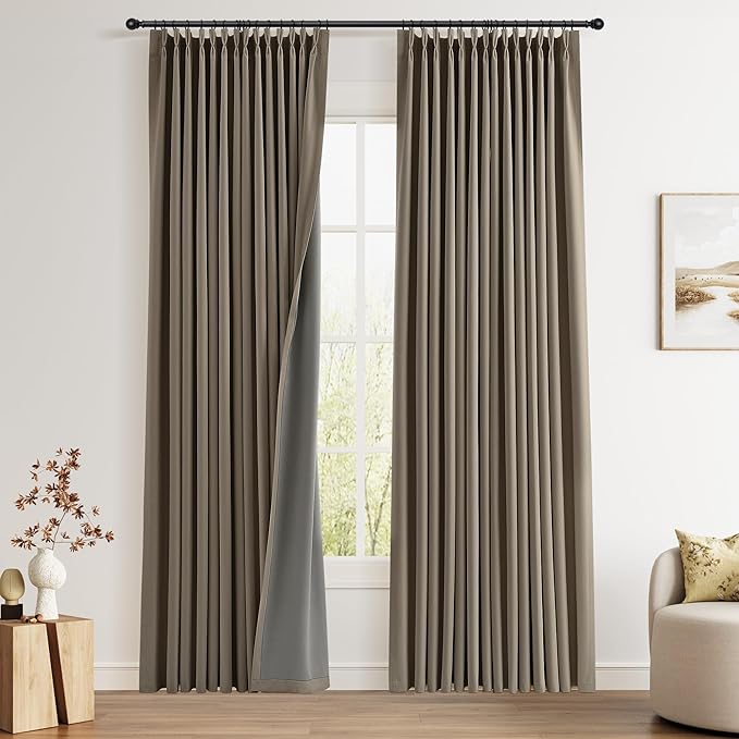 Pinch Pleated 100% Blackout Linen Curtains 2 Panels Linen Blend Room Darkening by Joywell