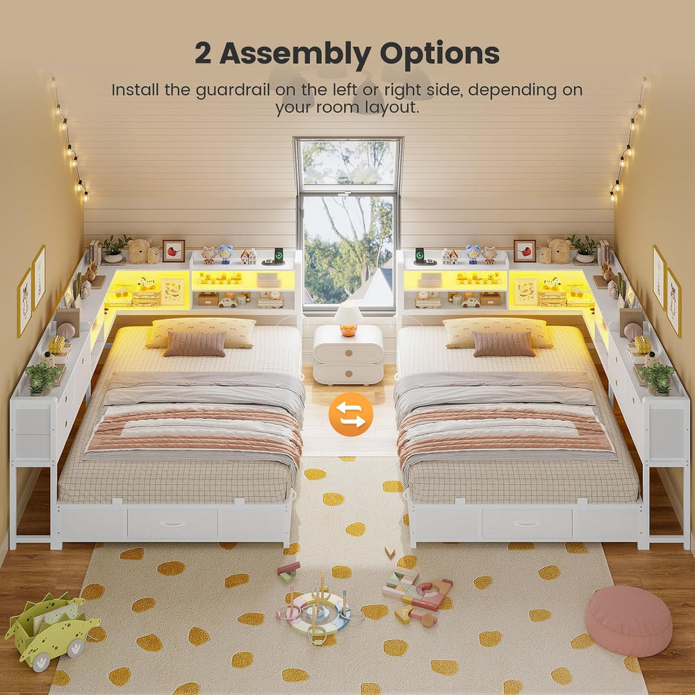 BTHFST Corner Bed Frame with Charging Station & Led Lights, White