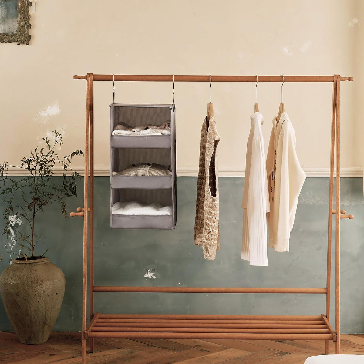 granny says 3-shelf hanging closet organizer, foldable storage shown in use