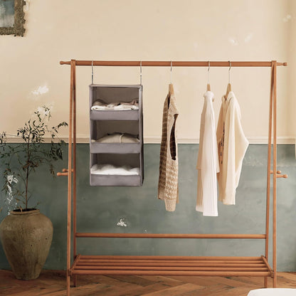 granny says 3-shelf hanging closet organizer, foldable storage shown in use