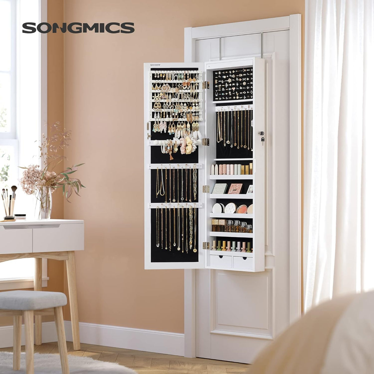 songmics 6 leds mirror jewelry cabinet, 47.2-inch tall shown in use
