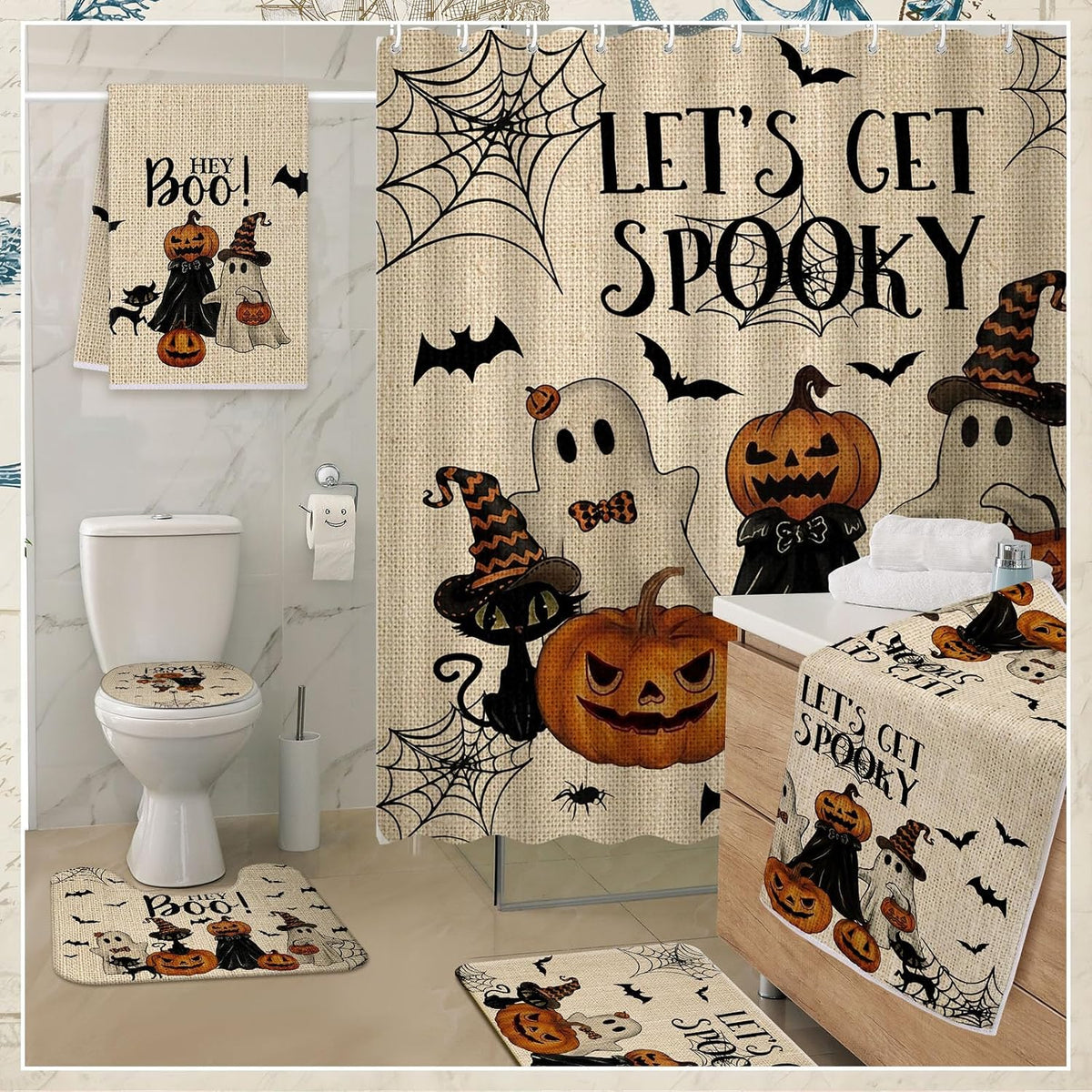 nuanchu 6 pcs halloween shower curtain set with, side view
