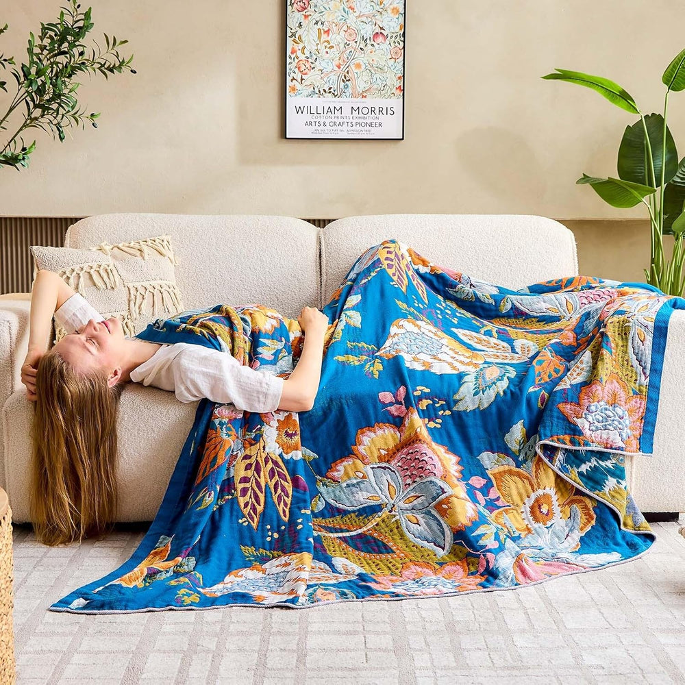 XIBLC Boho Throw Blanket, Blue Lightweight Blankets for Summer, 100% Cotton B...