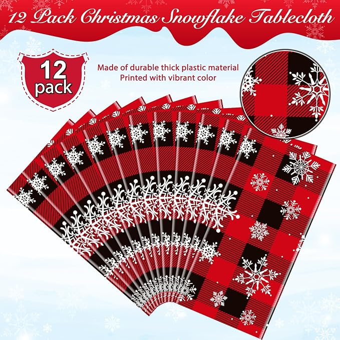 12 Pieces Red and Black Buffalo Plaid Merry Christmas Party Tablecloth - Image 4