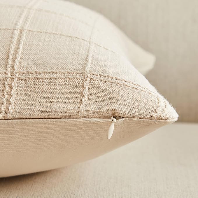 ZeeMart Linen Checked Throw Pillow Covers Set of 2, 16x16 Inch Beige/Cream - Image 3