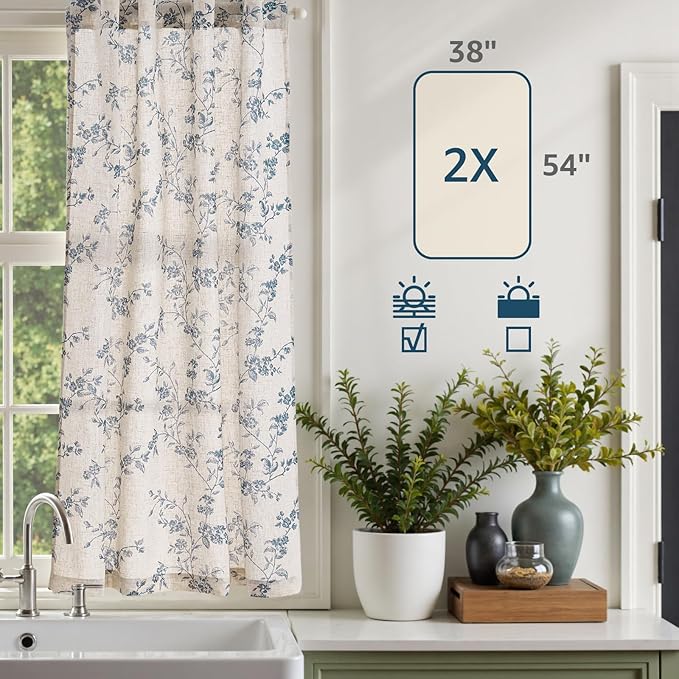 jinchan Floral Kitchen Curtains 54 Inch Linen Tier Curtains Farmhouse Cafe Half - Image 7
