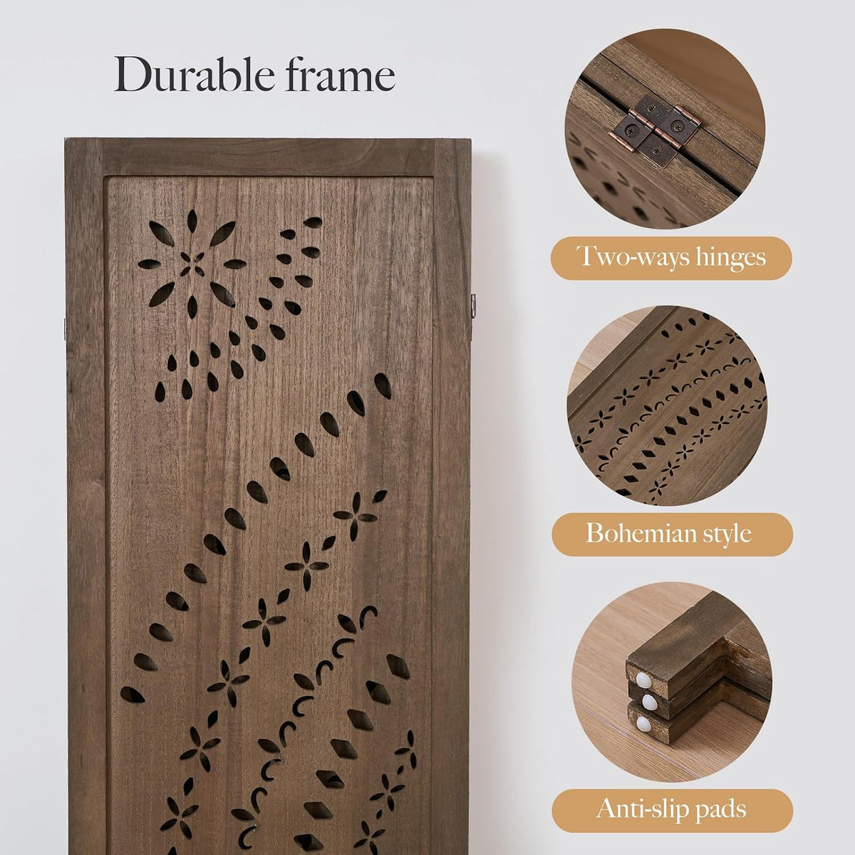 66.9inch folding room divider, 3 panels wood carved showing dimensions
