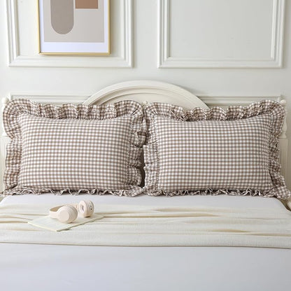 Aryeleay 2 Pack Taupe White Plaid Gingham Ruffle Pillow Shams Standard Size - Image 7