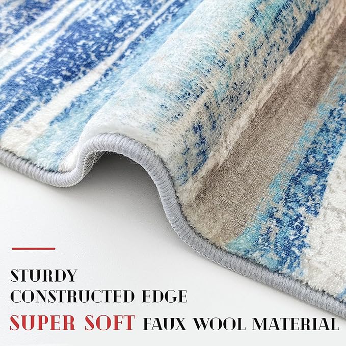 Modern Abstract Kitchen Rug Set of 2, 2x3 and 2x6 Blue Washable Rug Runner Non - Image 4