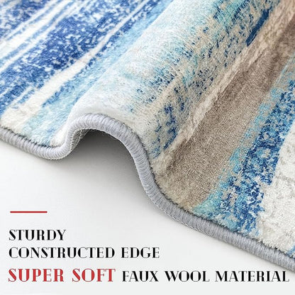 Modern Abstract Kitchen Rug Set of 2, 2x3 and 2x6 Blue Washable Rug Runner Non - Image 4