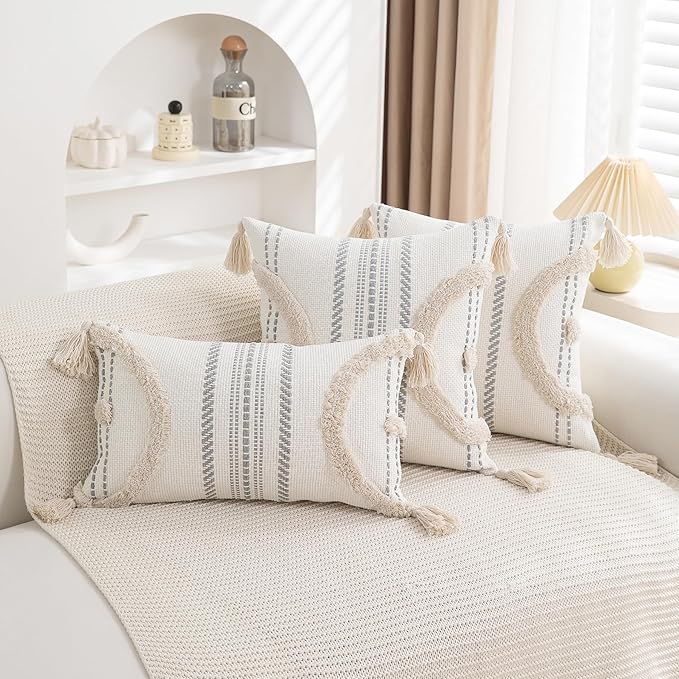 Boho Throw Pillow Covers 12x20 Set of 2 Cotton Woven Tufted Farmhouse Lumbar - Image 6