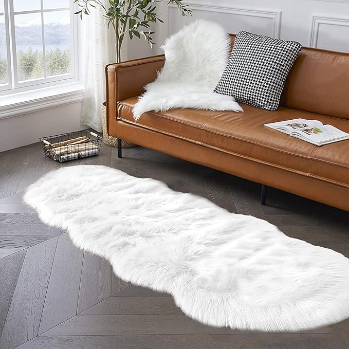 Latepis White Runner 2x6 Faux Sheepskin Fluffy Rug Furry Plush Rugs Faux Fur - Image 2