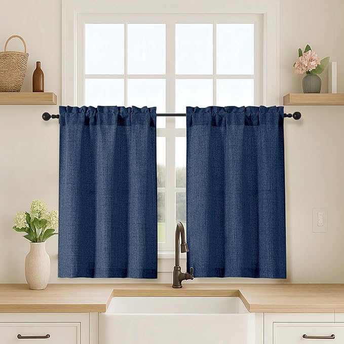 OVZME 2 Panels Navy Blue Cafe Curtains 36 Inch Length, Thick Textured Small by OVZME