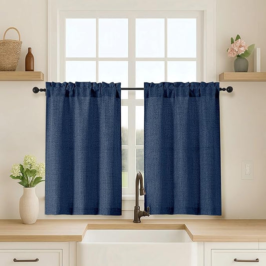 OVZME 2 Panels Navy Blue Cafe Curtains 36 Inch Length, Thick Textured Small by OVZME