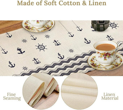 Nautical Table Runner, Anchor Sailboat Rudder Navy Wavy Stripes Ocean Waves - Image 8