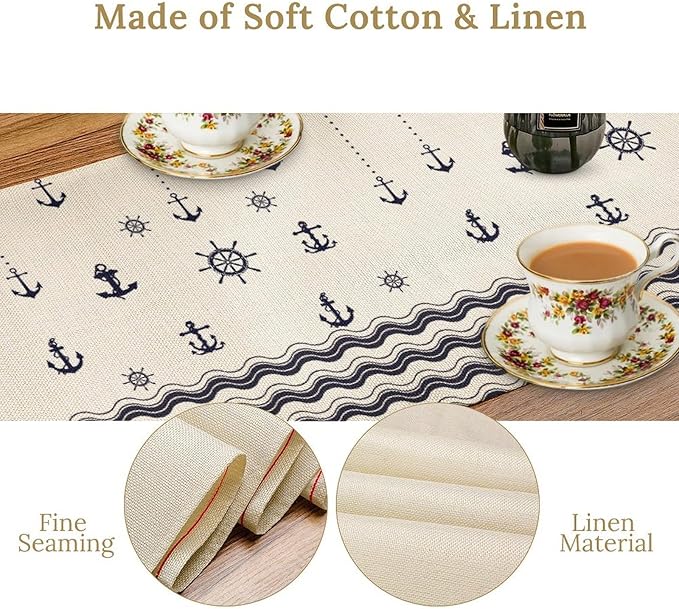 Nautical Table Runner, Anchor Sailboat Rudder Navy Wavy Stripes Ocean Waves - Image 8