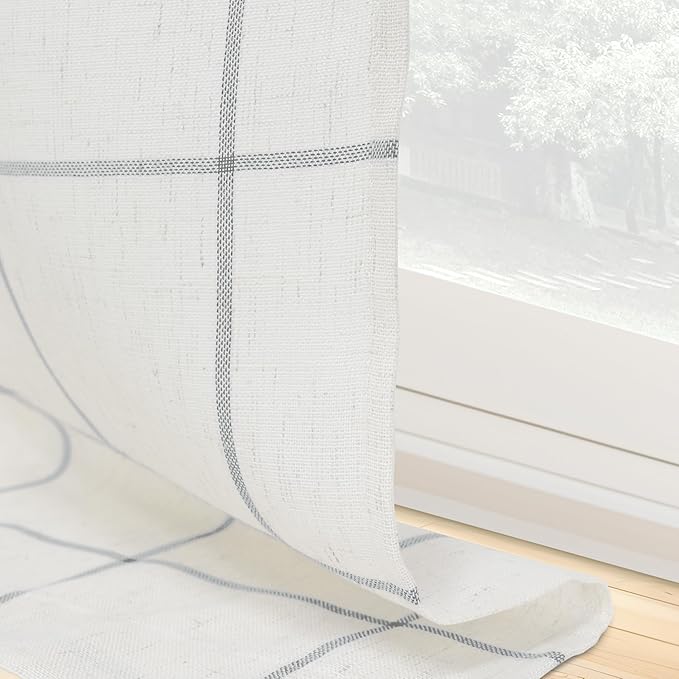 DriftAway Kitchen Curtains Striped Tier Linen Short Curtains Windowpane Plaid - Image 6