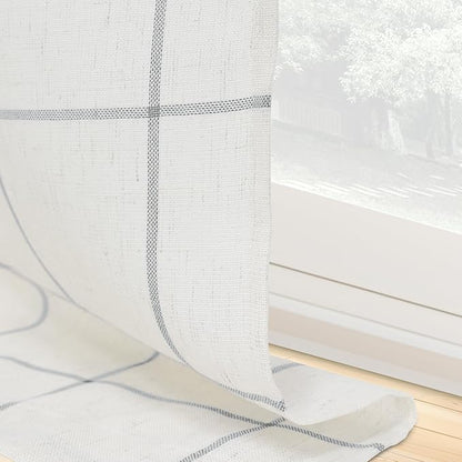 DriftAway Kitchen Curtains Striped Tier Linen Short Curtains Windowpane Plaid - Image 6