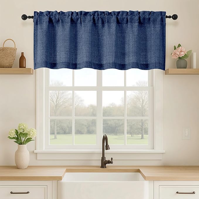 OVZME Navy Blue Valance for Windows, Light Filtering Faux Linen Textured Small by OVZME
