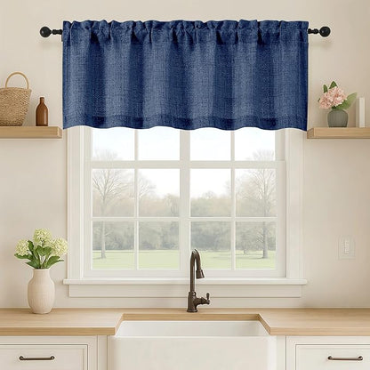 OVZME Navy Blue Valance for Windows, Light Filtering Faux Linen Textured Small by OVZME