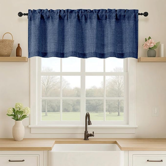 OVZME Navy Blue Valance for Windows, Light Filtering Faux Linen Textured Small by OVZME