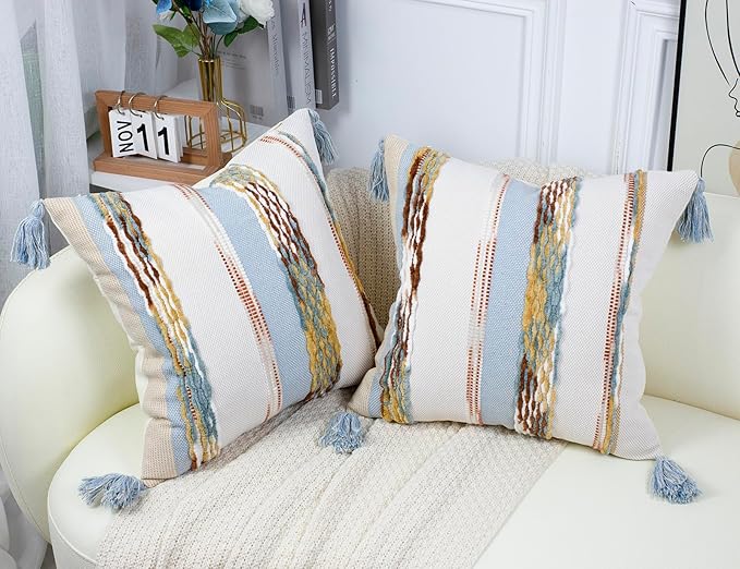 PANOD Chenille Farmhouse Throw Pillow Covers 16 x 16 Light Blue, Neutral Boucle - Image 2