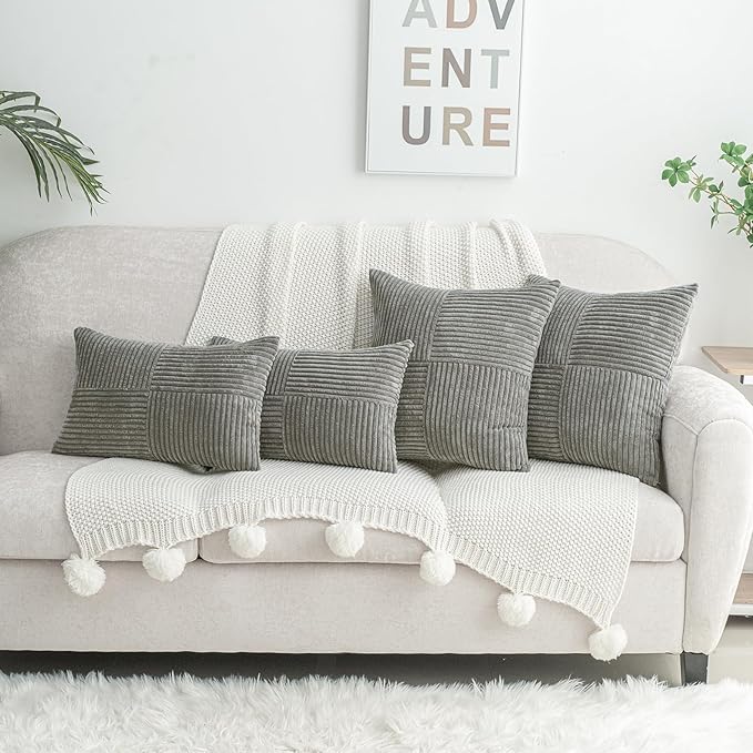 HWY 50 Gray Grey Corduroy Patchwork Throw Pillow Covers 18x18 Inch, Soft Cozy - Image 8