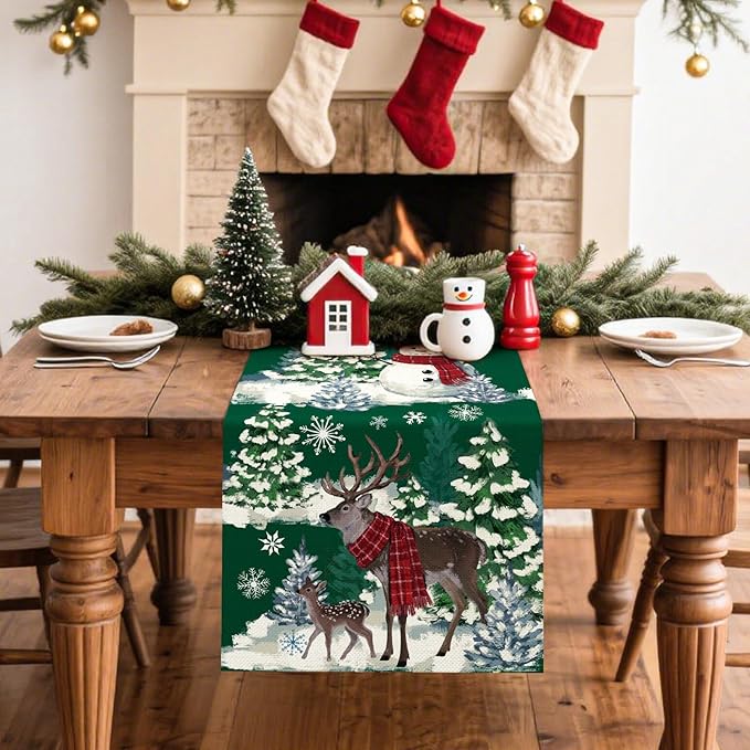 Artscope Reindeer Snowman Christmas Tree Table Runner, Xmas Winter Snowflakes - Image 2