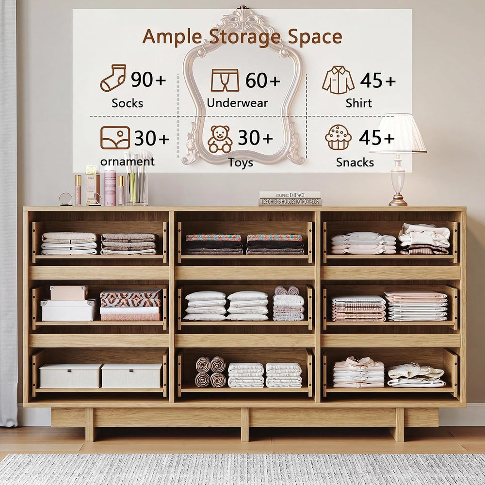 59in Oak 9 Drawer Dresser & 2 Nightstand Set, 3 Pcs Bedroom Furniture