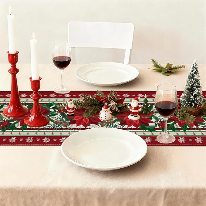 OTOSTAR Snow Holly Pinecone Christmas Red Flower Table Runner, Xmas Seasonal - Image 9