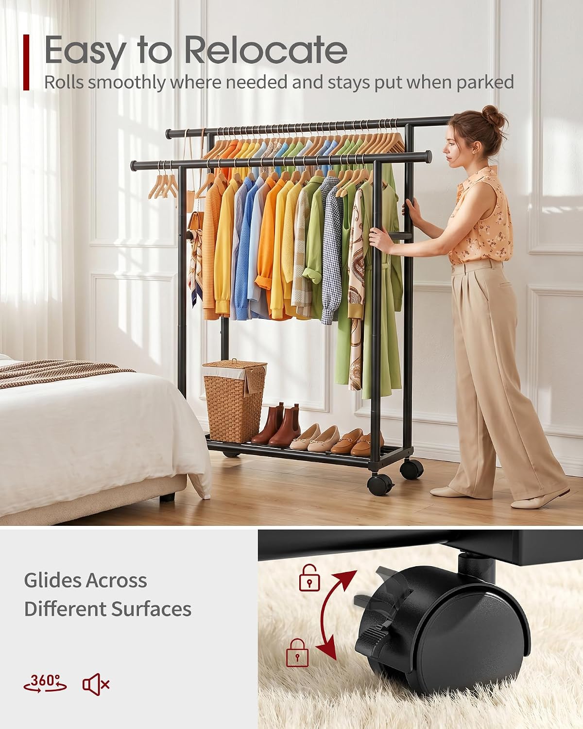 sakugi rolling double rod clothes rack with shelf, close-up detail