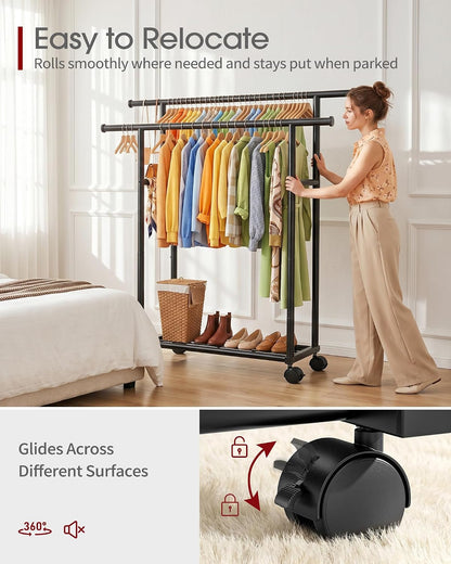 sakugi rolling double rod clothes rack with shelf, close-up detail