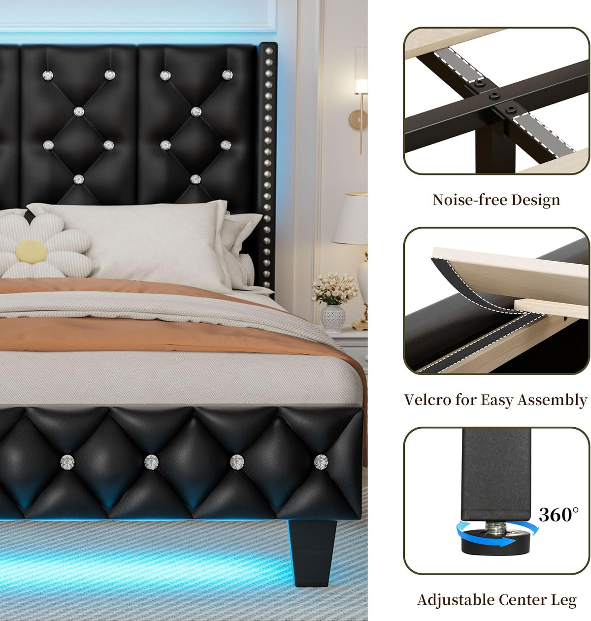 upholstered full size bed frame with headboard &, side view