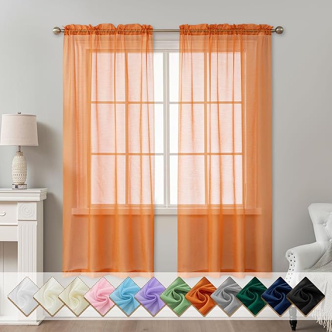 Orange Sheer Curtains 72 Inches Long, Privacy Semi Sheer Curtains by ABLUEN