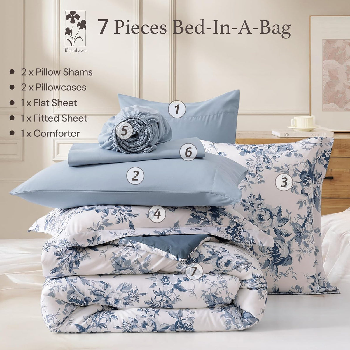 bloomhaven full size comforter sets-7 pieces blue floral, front angle view