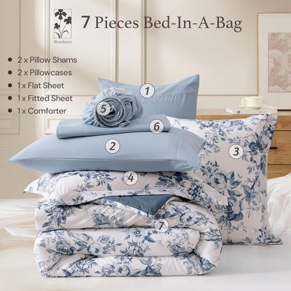bloomhaven full size comforter sets-7 pieces blue floral, front angle view