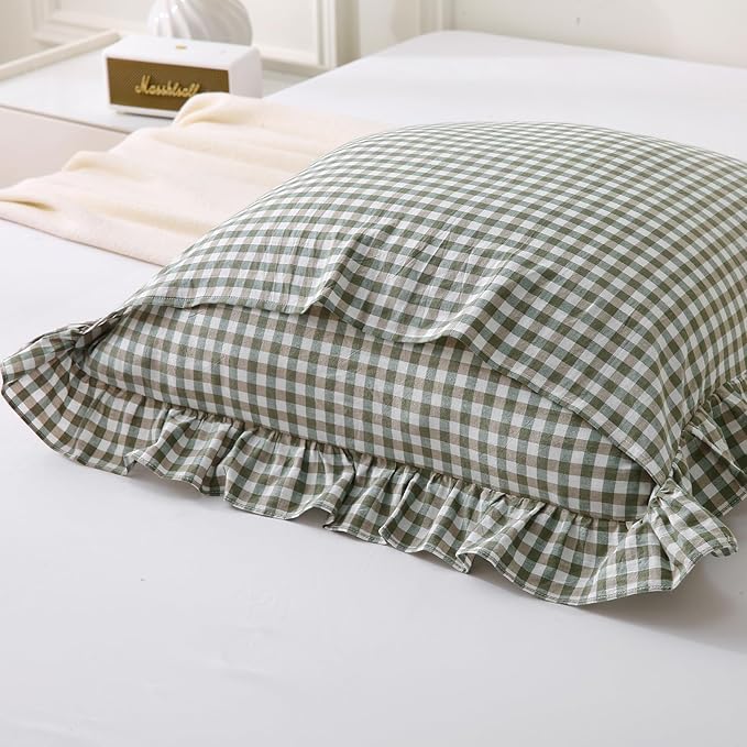 Aryeleay 2 Pack Sage Green White and Brown Plaid Gingham Ruffle Pillow Shams - Image 4