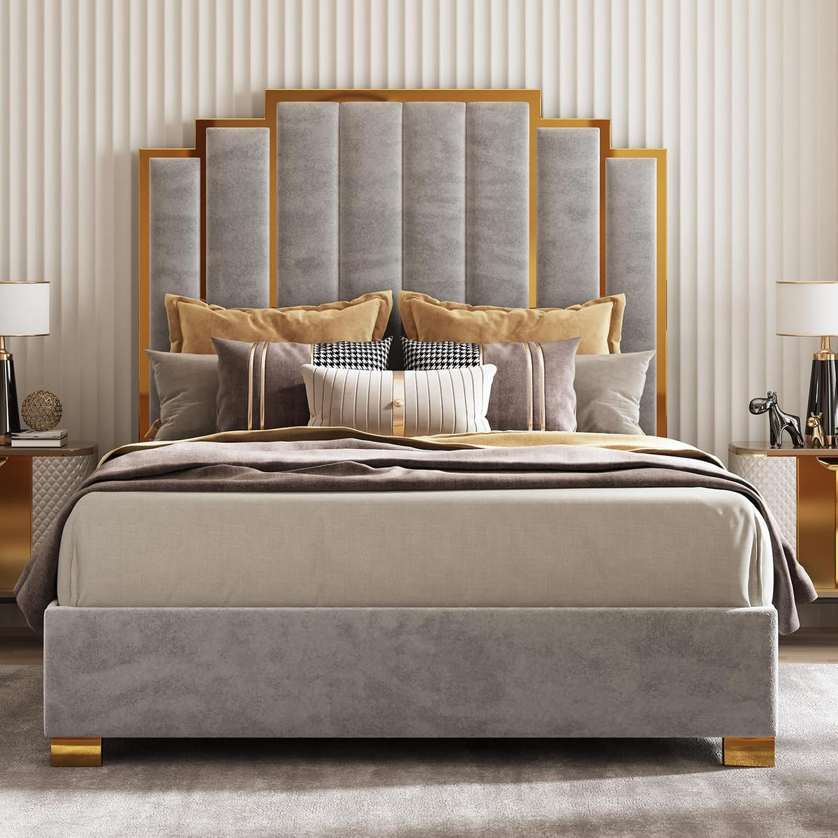 amerlife queen size velvet upholstered bed with gold, main product view