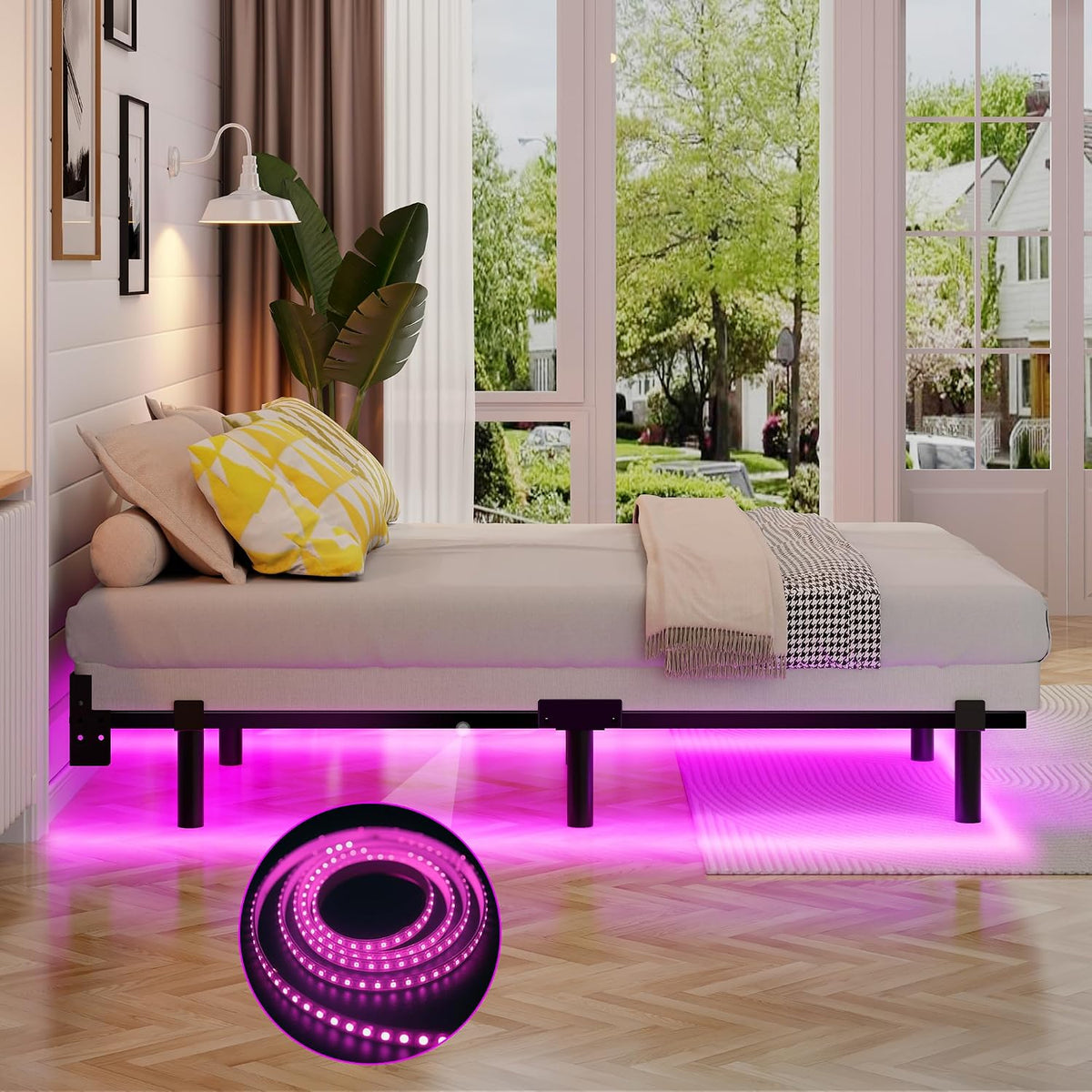 full bed frame with led lights, 7 inch showing dimensions