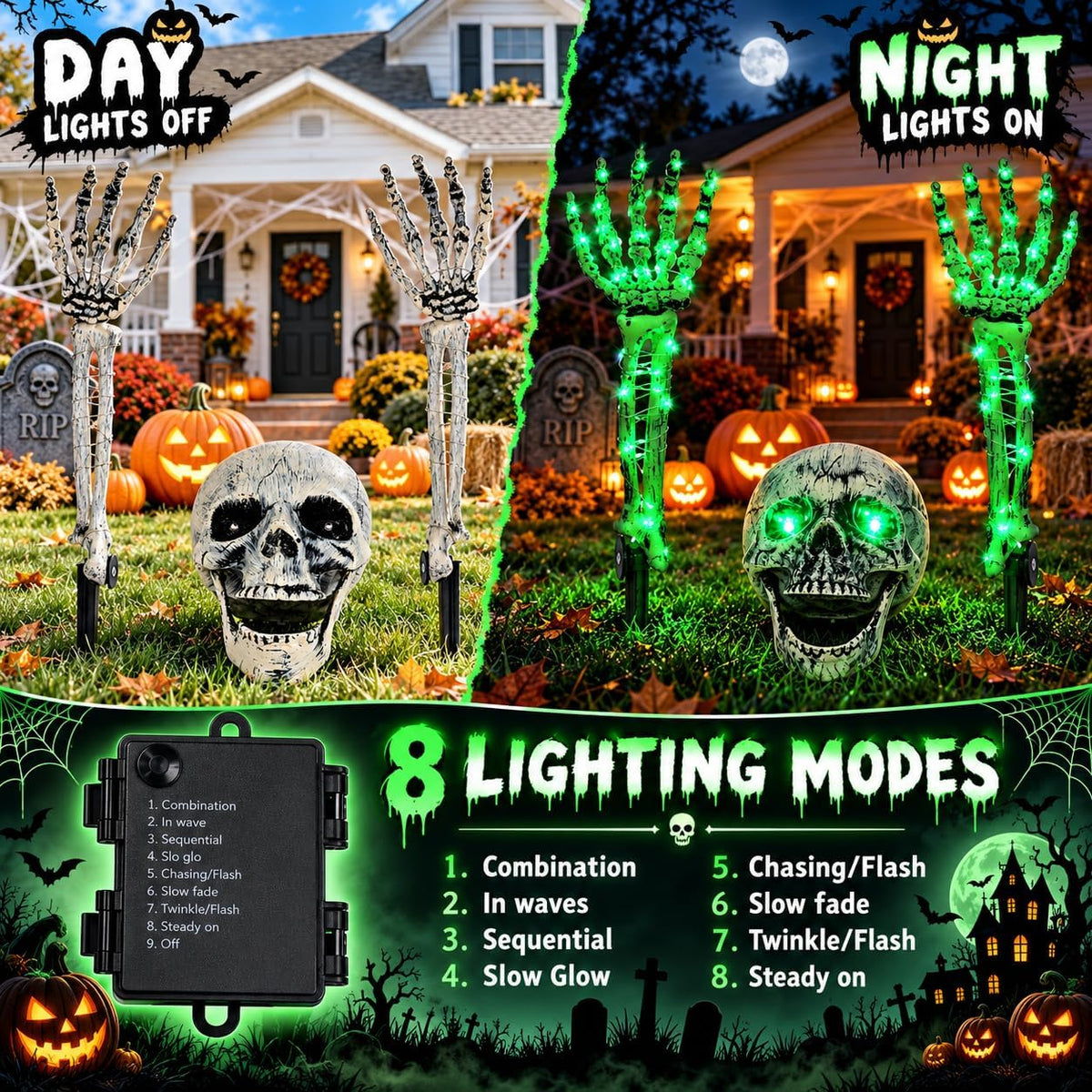 Halloween Skeleton Decorations Outdoor, Light Up Skull Head & Skeleton Hands Lights Stake with Green LED, Battery Operated Halloween Yard Decor for Lawn, Garden, Graveyard, Haunted House & Party
