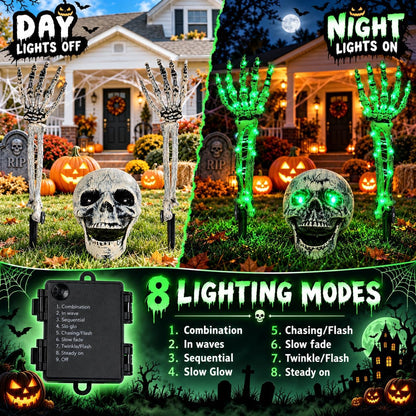 Halloween Skeleton Decorations Outdoor, Light Up Skull Head & Skeleton Hands Lights Stake with Green LED, Battery Operated Halloween Yard Decor for Lawn, Garden, Graveyard, Haunted House & Party