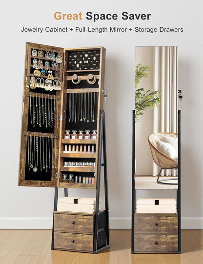 nicetree mirror jewelry cabinet, lockable full length mirror showing dimensions