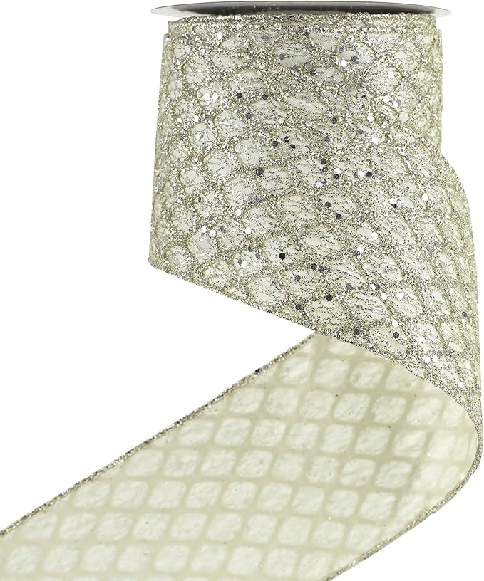 HUIHUANG Champagne Wired Ribbon 4 inch Glitter Christmas Tree Ribbon Diamond by HUIHUANG