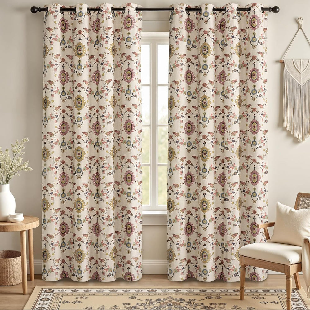 Boho Floral 100% Grommet Blackout Curtains 84 Inch 2 Panels