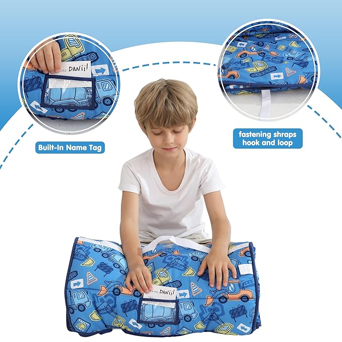 Viviland Toddler Kid Nap Mat for Preschool, Boys Blue Car Slumber Bag, Daycare - Image 4