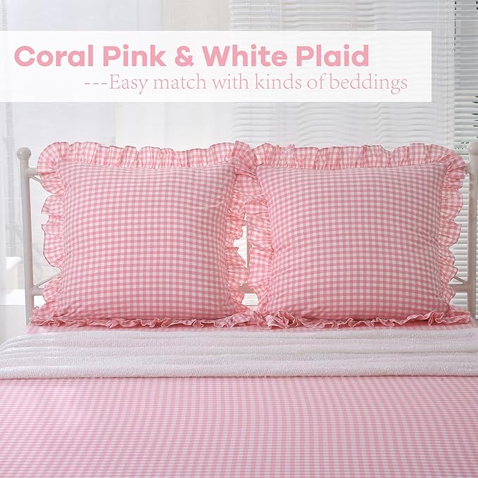 2 Pack Coral Pink White Plaid Ruffle Euro Throw Pillow Covers, 100% Washed - Image 2