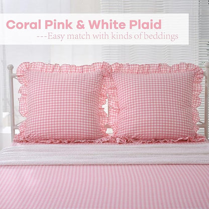 2 Pack Coral Pink White Plaid Ruffle Euro Throw Pillow Covers, 100% Washed - Image 2