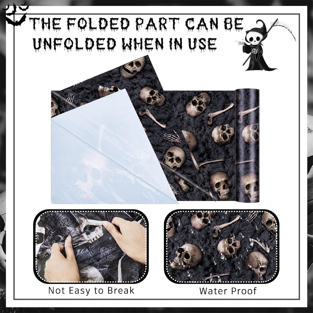 Preboun 100 ft X 54 in Halloween Skeleton Tablecloth Plastic Backdrop